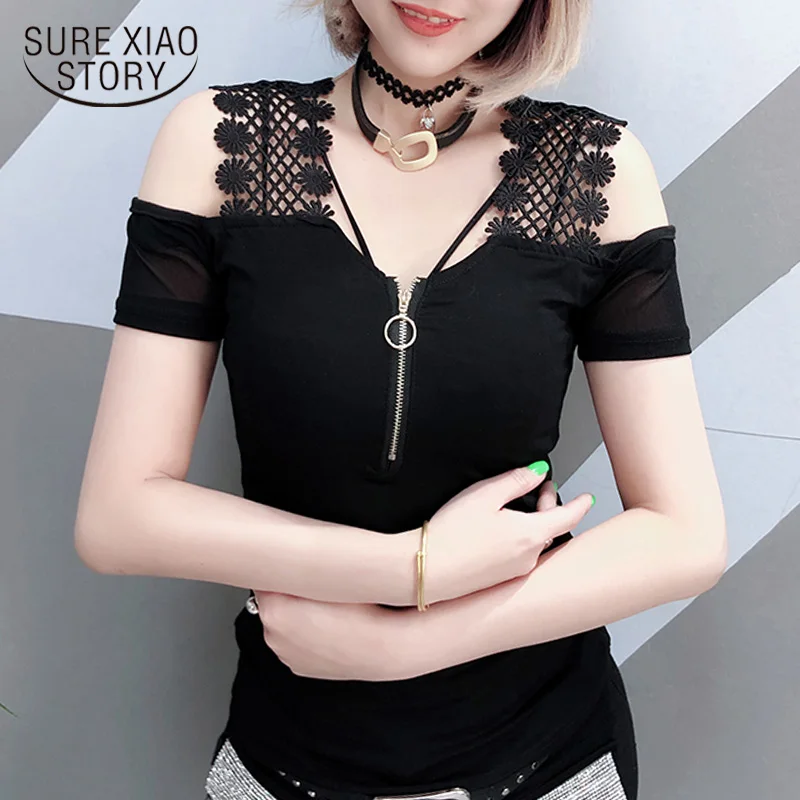 

women short sleeve summer black t-shirt camisetas verano mujer 2019 t shirt women hollow off shoulder top tshirt women 4450 50