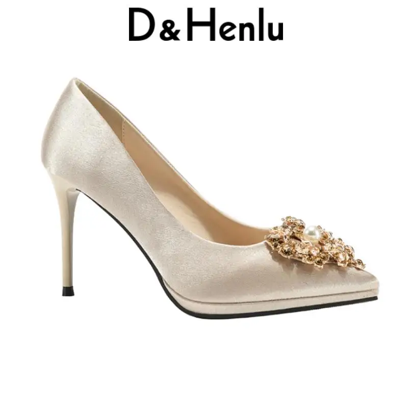 

{D&Henlu} rhinestone heels women shoe high heel low platforms satin heels parties gold shoes women for wedding