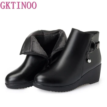 

GKTINOO New 2019 Women Boots Wmen Leather Winter Boots Warm Plush Autumn Shoes Winter Wedges Shoes Woman Ankle Boots Plus Size