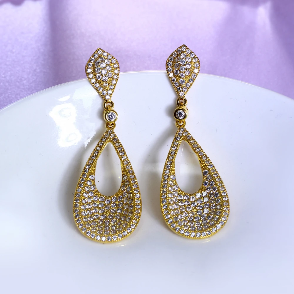

Wedding Earrings For Women Top Quality Cubic Zirconia Drop Earrings Copper Gold & White Color Allergy Free Silver Pins Earrings