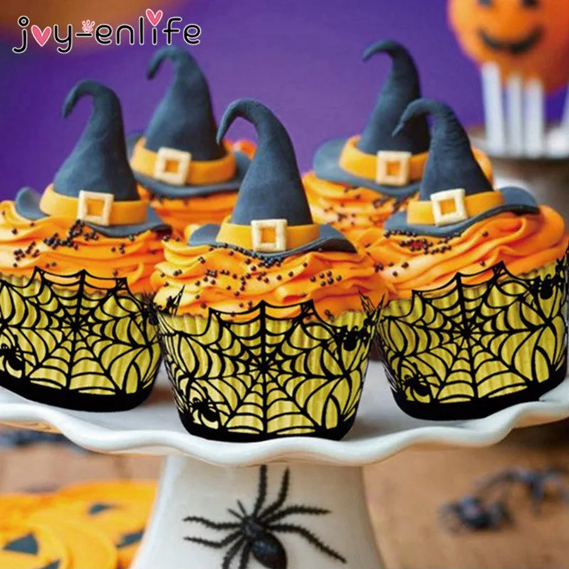 Хэллоуин украшения 12 шт черные обертки для кексов паук, ведьма замок полый лазерный разрез украшения торта аксессуары для празднования Хеллоуина