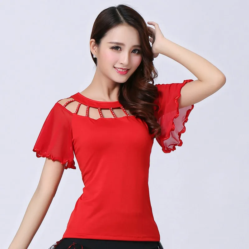 

New Latin Dance Dance Costume Square Dance Performance Costume Large yard Short Sleeve Top Latin Dance Practice Dancer