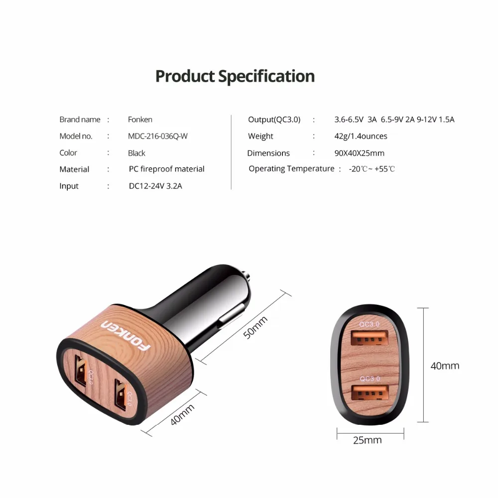 Автомобильное зарядное устройство FONKEN USB Dual Quick Charge 3 0 2 порта 36 Вт QC3.0 QC2.0 Зарядное