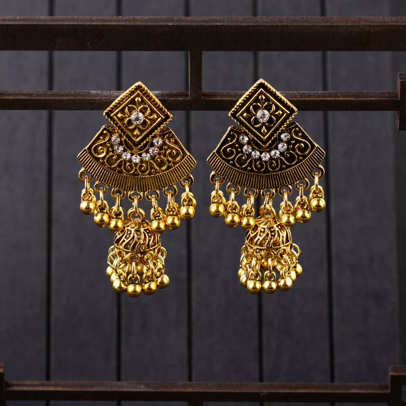 

TopHanqi Boho Indian Jhumka Long Small Bell Drop Tassel Earring For Women Gold Flower Carved Alloy Dangle Earrings Gypsy Jewelry