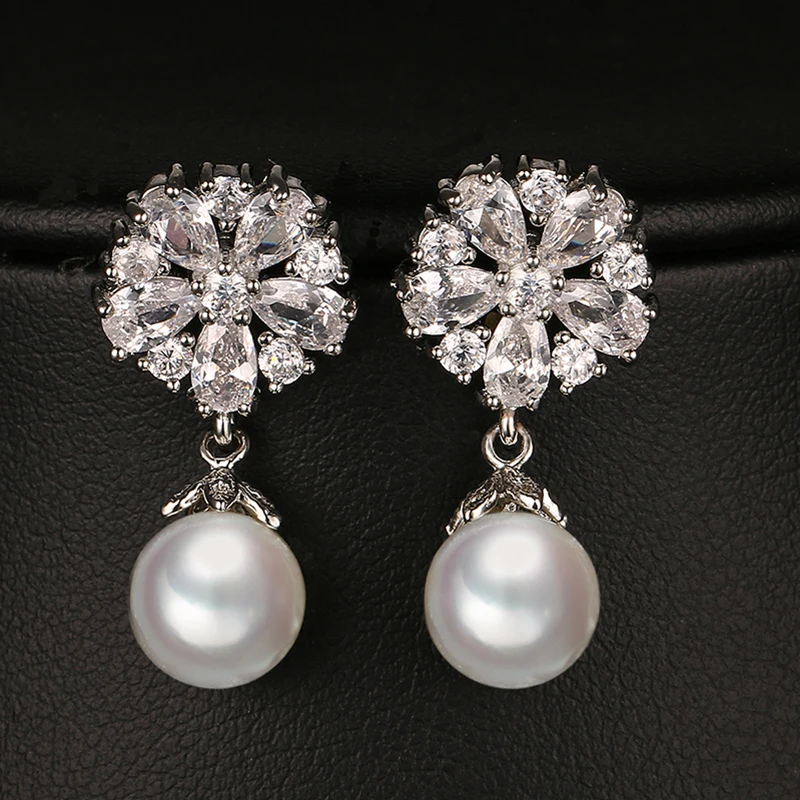 

New Round Simulated Pearl Drop Earrings for Women AAA Cubic Zirconia Flower Earings Club Factory Brincos WE414