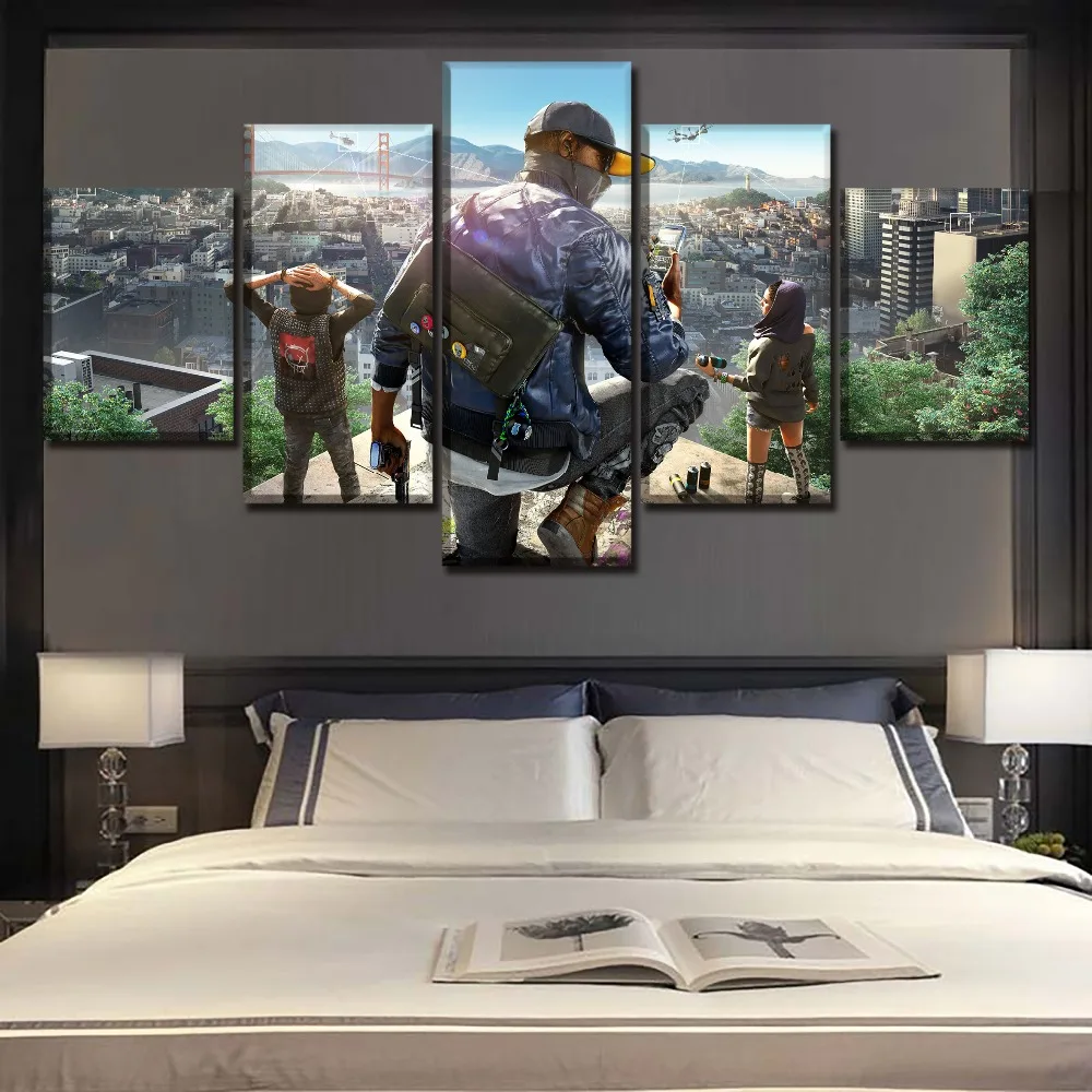 

Modular Picture Framework On Canvas Printing Type Painting One Set 5 Piece Game Watch Dogs 2 Role Poster Wall Art Home Decor