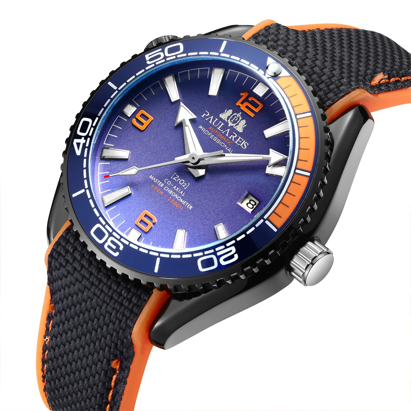 

Men Automatic Self Wind Mechanical Canvas Rubber Strap James Bond 007 Style Orange Blue Red Rotatable Bezel Classic Watch