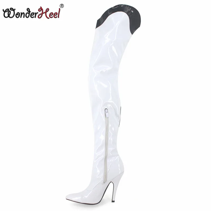 Wonderheel/71 см длина на очень высоком 12 см каблук-шпилька патент Белый с острым носком женские облегающие сапоги пикантные модный показ сапоги