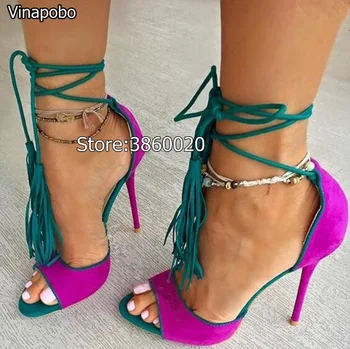 

Women Chic Fuchsia Suede Fringe Sandals Concise Ultra High Heels Lace-up Tassel Shoes Rose Red Yellow Cross Tied Dress Pumps