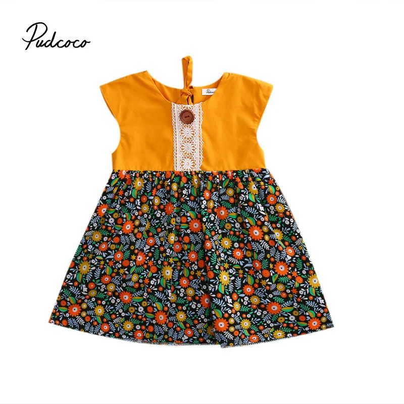 Pudcoco Baby Girls Fashion Dress 1 piece Flower Sundress Cotton Blend Yellow Baby Girls Sleeveless O-Neck Dress