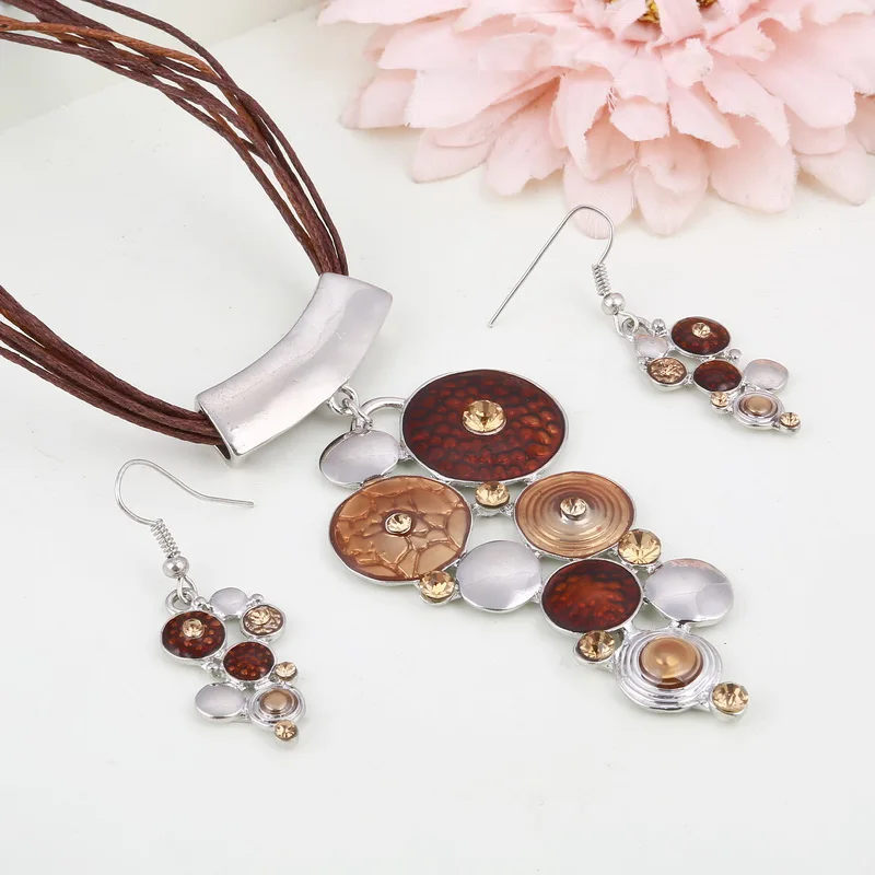 

Ethnic Style Enamel Beads Pendant Necklaces Silver Color Dangle Drop Earrings for Women Vintage Jewelry Sets Multi-layer Chain