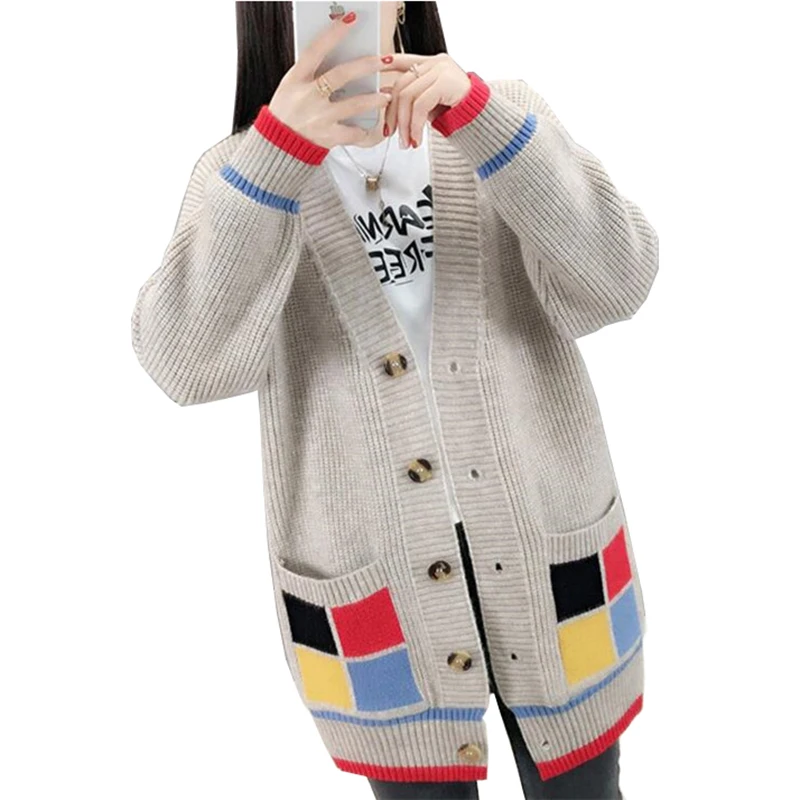 

Fashion knit Sweater Cardigan Jacket Women New Spring Autumn V-neck Mixed colors Single-breasted Casual Tops Sweater Female 2854