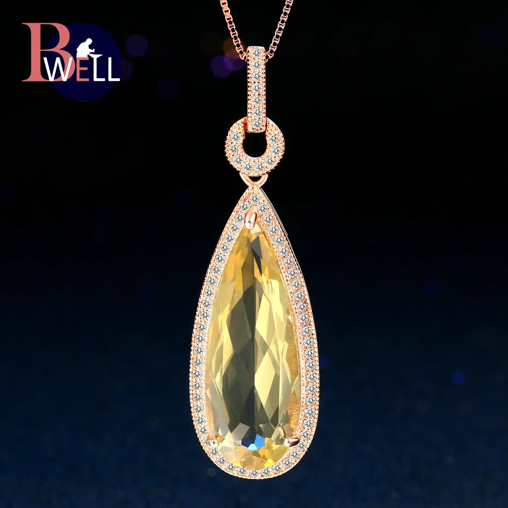 

Bwell BWNI042 Luxury Natural Gemstone Citrine Teardrop Necklace & Pendant 925 Sterling Silver Rose Gold Plated Wedding Jewelry