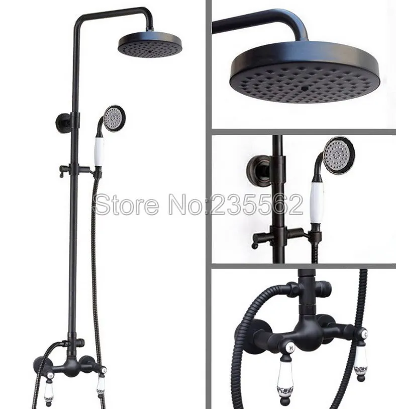

Black Oil Rubbed Bronze Bathroom Rain Shower Faucet Set Cold and Hot Water Mixer Tap Wall Mounted + Handheld Shower Heads lrs515