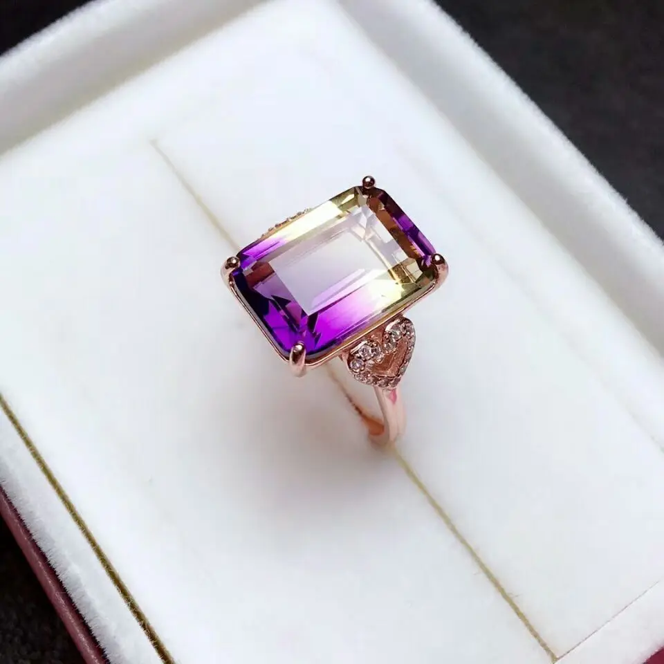 [MeiBaPJ натуральный прямоугольник Аметрин драгоценный камень модное кольцо для женщин Настоящее 925 пробы серебряный прекрасный брелок вечерние ювелирные изделия