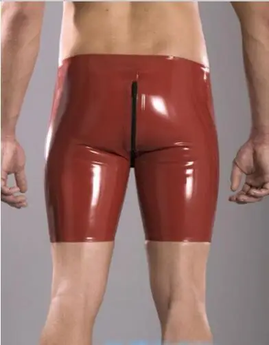 Сексуальные коричневые латексные мужские шорты до колен SM резиновые штаны на заказ ручной работы с молнией на промежности