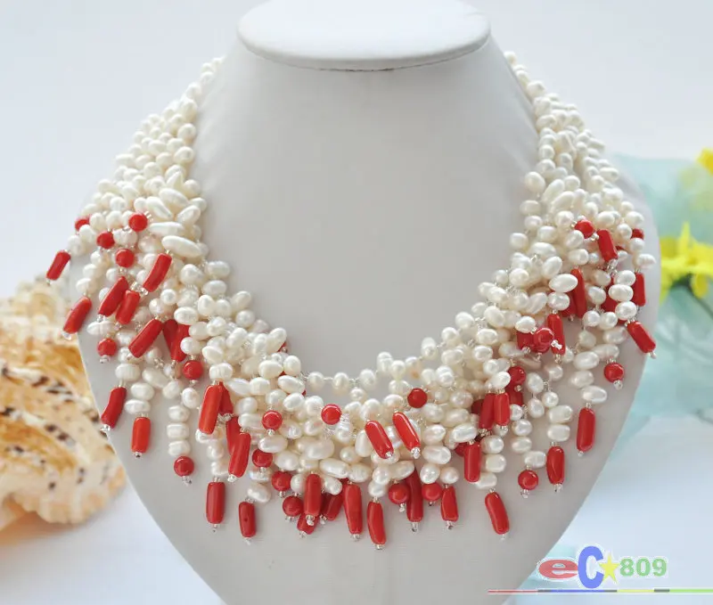 

4ROW 19" WHITE RICE FRESHWATER PEARL RED CORAL NECKLACE