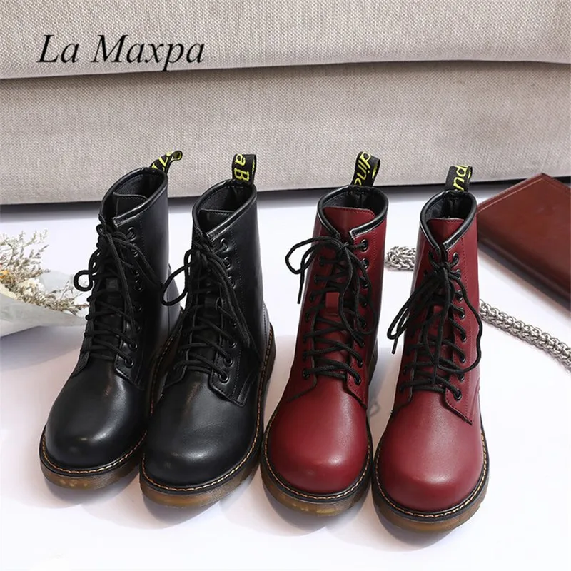 La MaxPa 2018 Leather Women Boots Dr Martin Boots Shoes High Top Motorcycle Autumn Winter Shoes Woman Snow Lace Up Boots