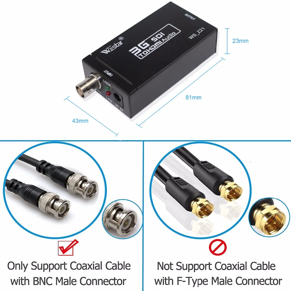 Адаптер Wiistar HD/3G/SDI в HDMI поддержка стандартных/3G SDI сигналов SDI2HDMI показывается на