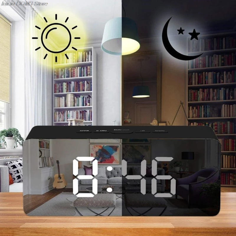 

Mirror Alarm Clock Desktop Digital LED Display Battery Operated Portable Multi-Function Timer Adjustable Luminance