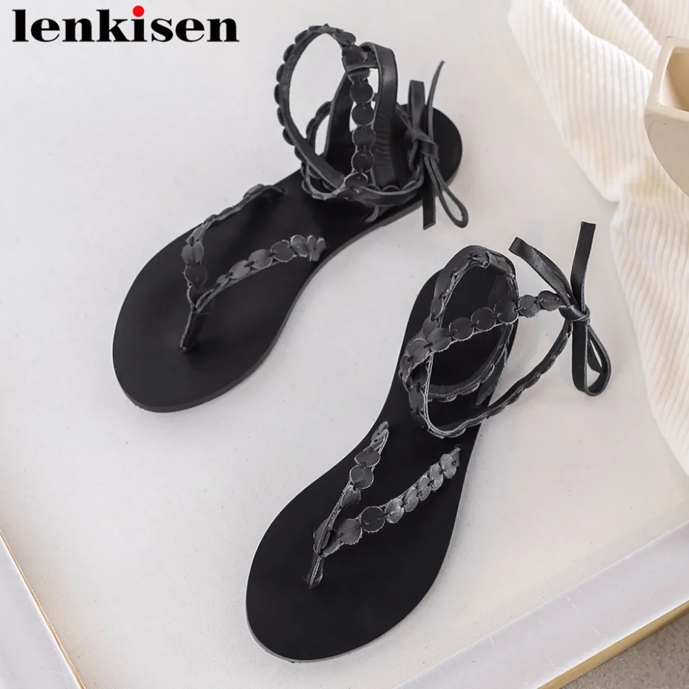 

Lenkisen real cow leather slip on flip-flop pretty girls comfortable summer streetwear vocation seaside high quality sandals L57