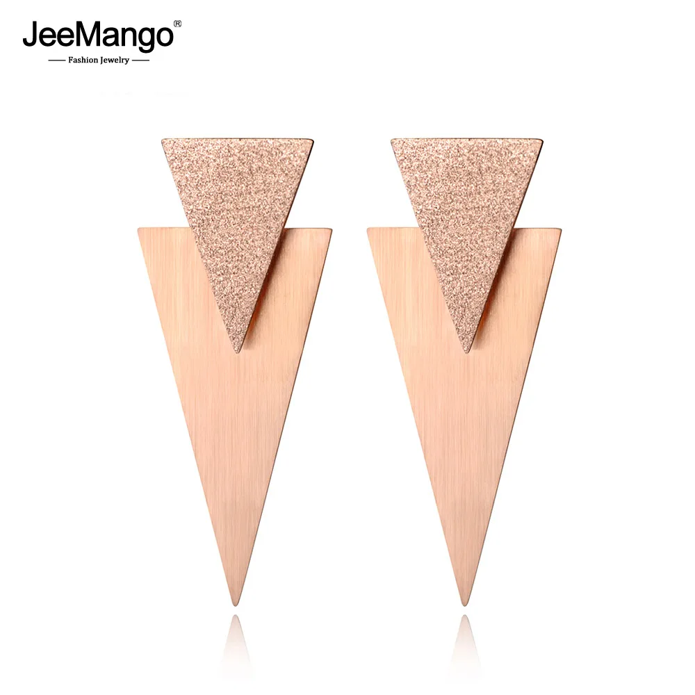 JeeMango розовое золото матовая поверхность двойной треугольник серьги из нержавеющей стали модные ювелирные изделия Букле D'oreille JE18073
