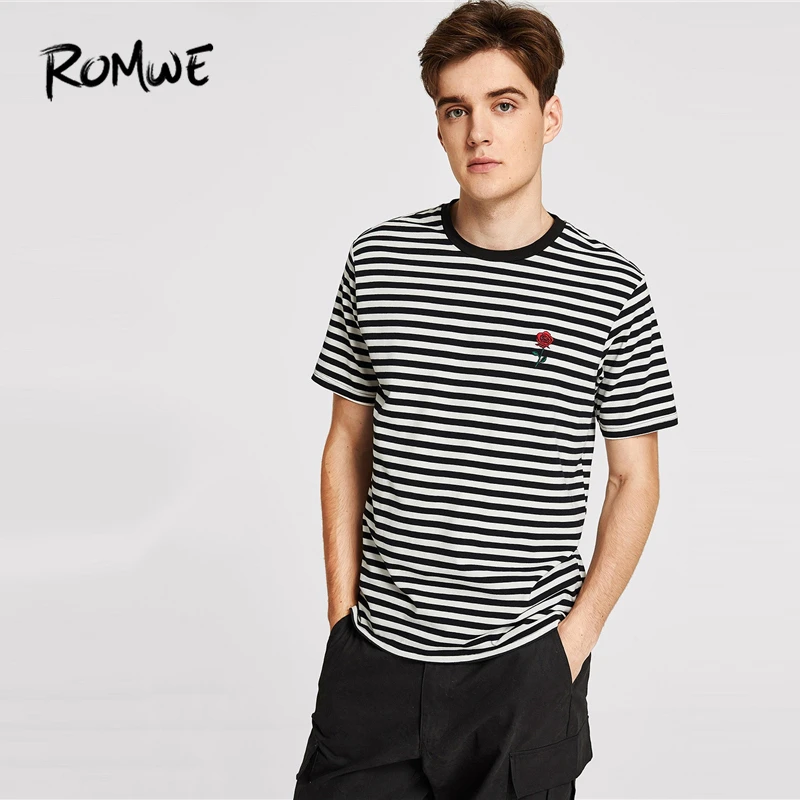 

ROMWE Men Rose Embroidered Striped Tee 2019 Cool Fashion Summer Male Short Sleeve Round Neck Black And White Men T-shirt