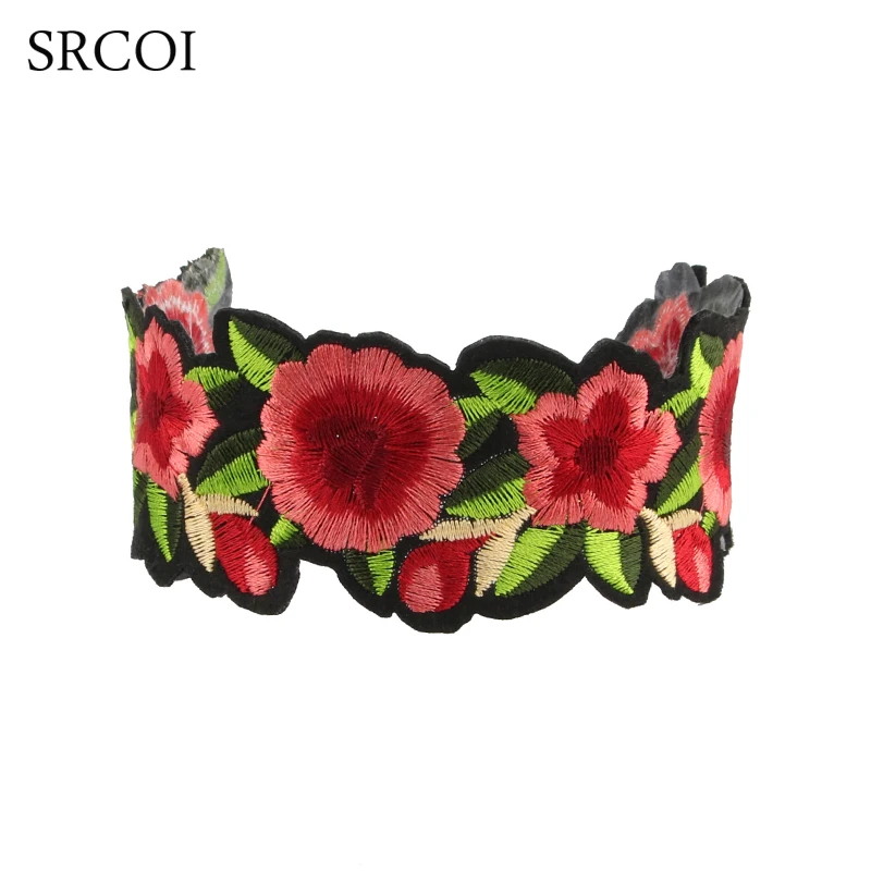 

SRCOI 2017 Handcut Embroidered Floral Choker Rose Flower Print Necklace Wide Maxi Choker By The Neck Collares Mujer Bijouterie