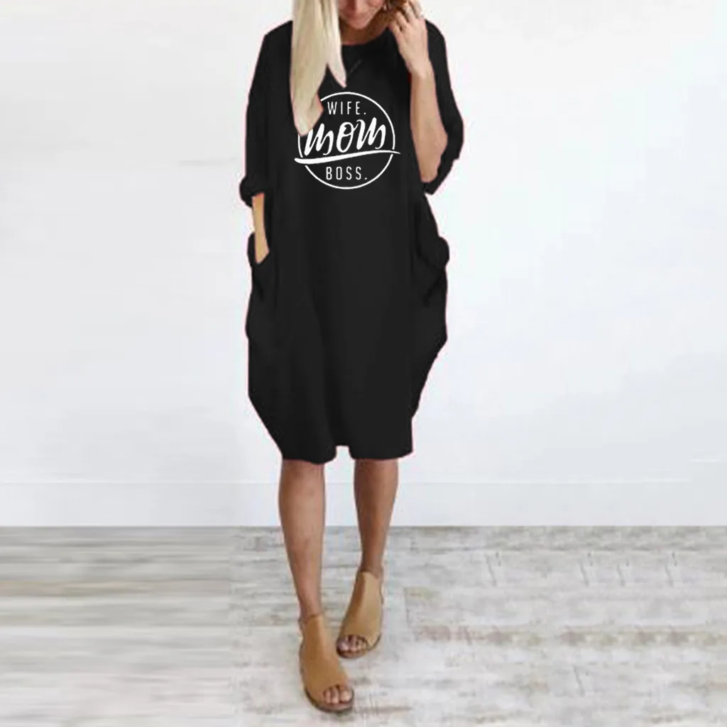 

Long Sleeve Casual Dress Autumn Letter Printed Knee-Length Women Dresses 2019 New Fashion Streetwear Dress Women Clothing