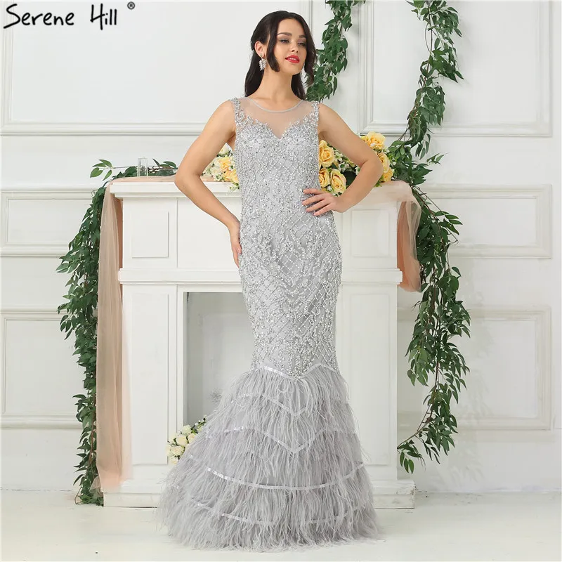 

New Silver Perspective Sexy Mermaid Evening Dress Diamond Feathers Fashion Luxury Evening Gowns 2019 Serene Hill LA6654