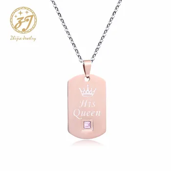 

zhijia Gold Black Stainless Steel Couple Necklaces Her King & His Queen Crown Tag Pendant Necklace with Stone Dropshipping