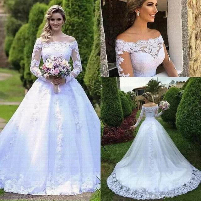Vestido de noiva de noiva princesa 2021 jardim fora do ombro sheer mangas  compridas frisado árabe