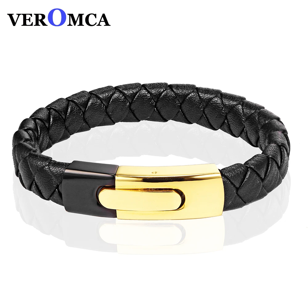 

VEROMCA Punk personality Combination Chain Stainless Steel Genuine Leather For Men Fashion Magnetic Bracelet give away box