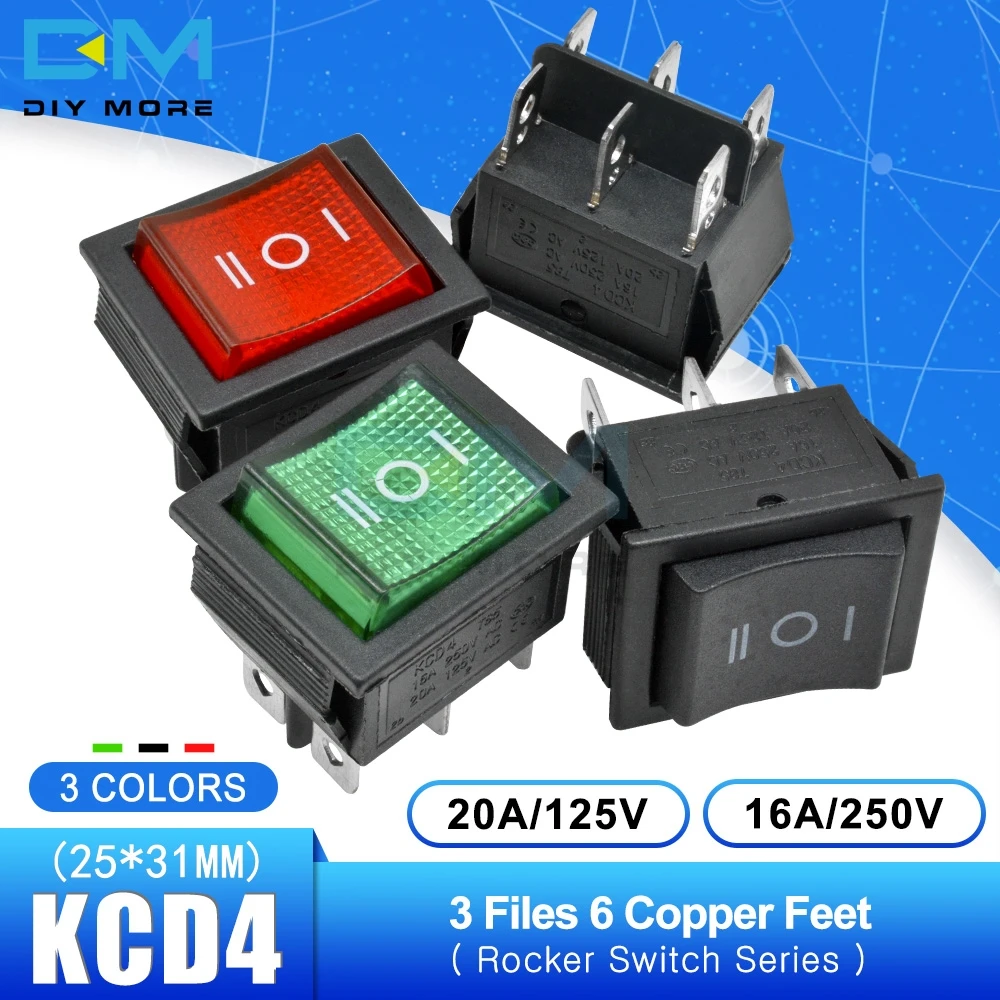 

KCD4 Rocker Switch Power Touch On/off Switch 3 Positions 6Pins Feets Ship Type with light 16A 250V 25*31mm Red Green Black