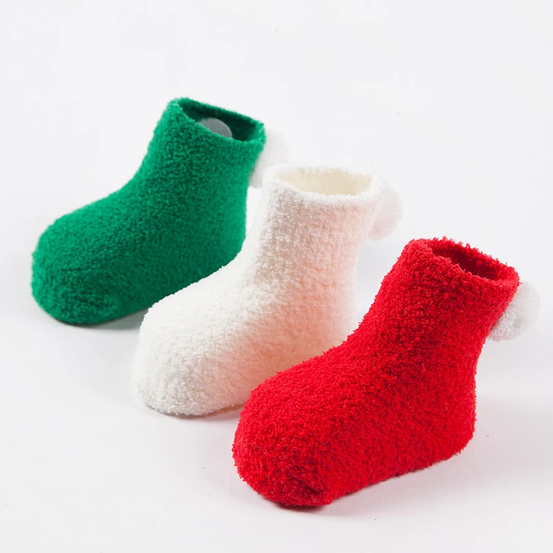 

Christmas Dress Up 3Pairs Thick Warm Baby Socks Autumn and Winter Baby Solid Color Coral Velvet Ball Newborn Toddler Floor Socks