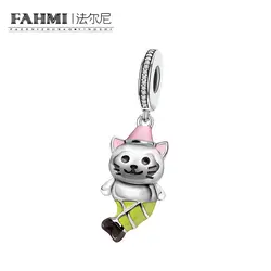 FAHMI Cat Настоящее серебро 925 проба сказка кошка Русалка киска кулон Бусины fit для женщин Шарм браслет из серебра, ювелирные украшения