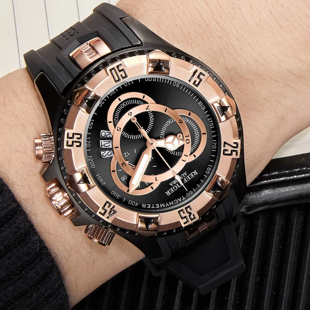 Риф Тигр/RT большие спортивные часы мужские черные часы с хронографом резиновый ремешок большой Дата часы водонепроницаемые Relogio Masculino RGA303-2