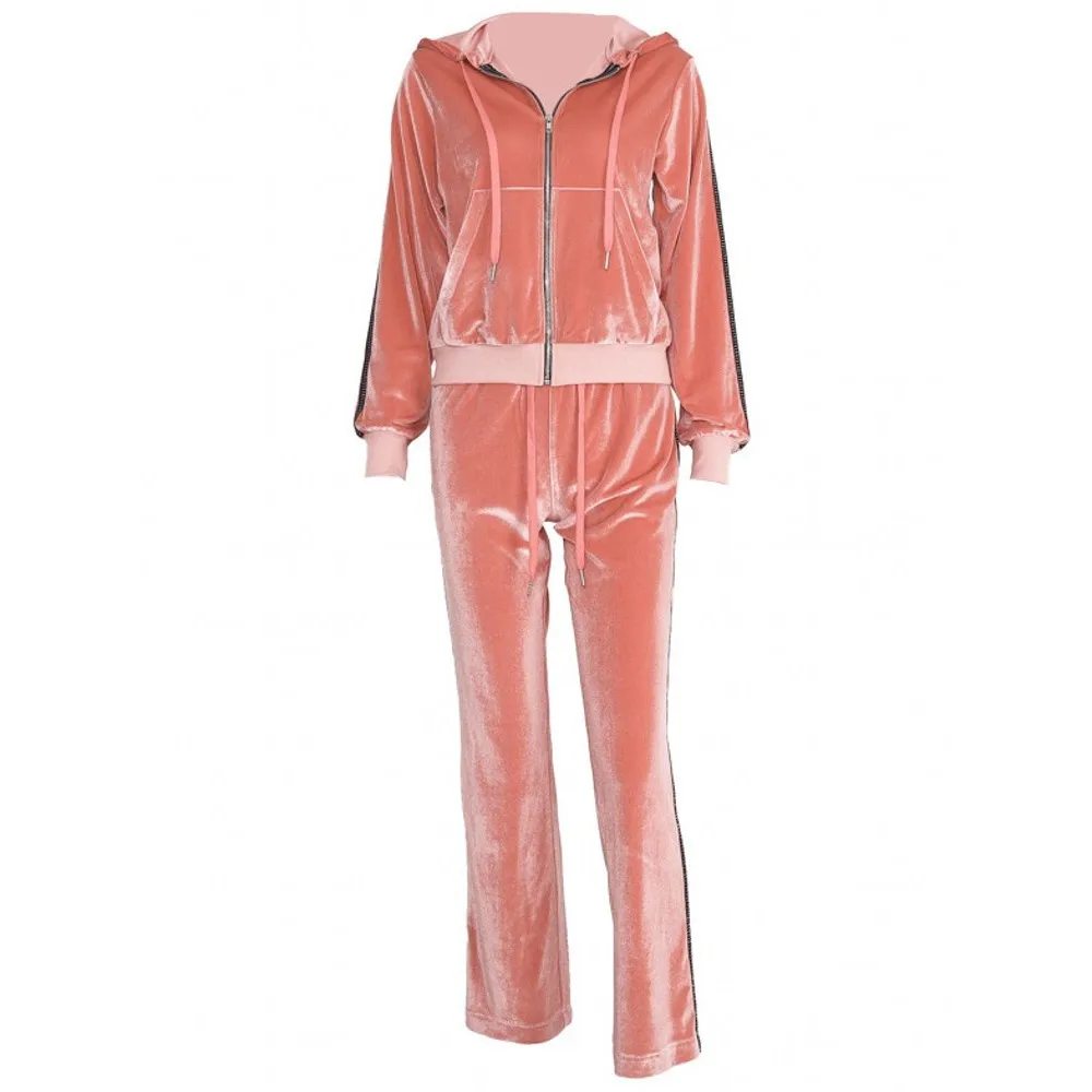 

2019 Autumn Winter Two Pieces Sets Satin Sets Women Zipper Side Stripe Tops Drawstring Calf Length Pants Sexy Workout Tracksuits