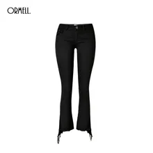 Ormell женские джинсы черные из денима плюс размер брюки на молнии эластичная кисточка неправильный дизайн женские модные повседневные брюки с широким клешем
