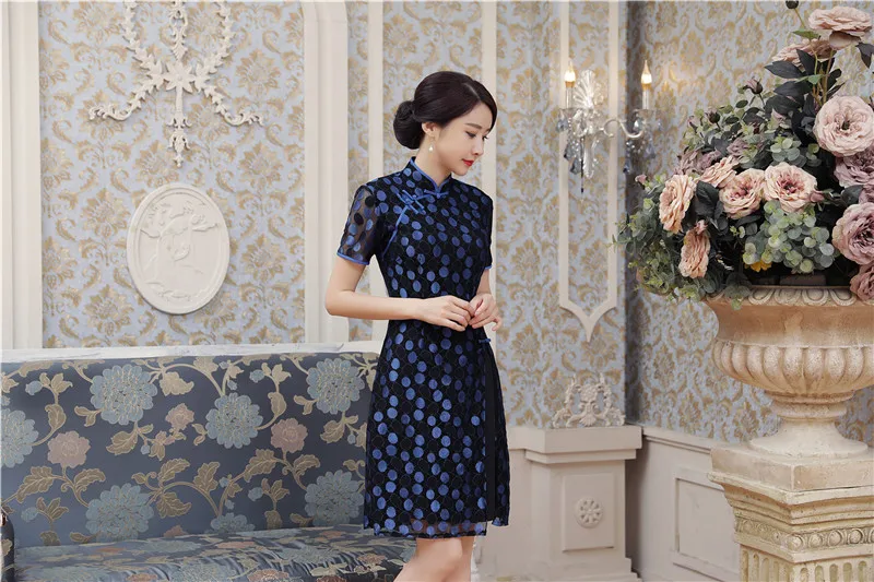Shanghai история кружева Aodai Вьетнам платье для Для женщин традиционные Костюмы аозай платья по колено Oriental платье синий Cheongsam