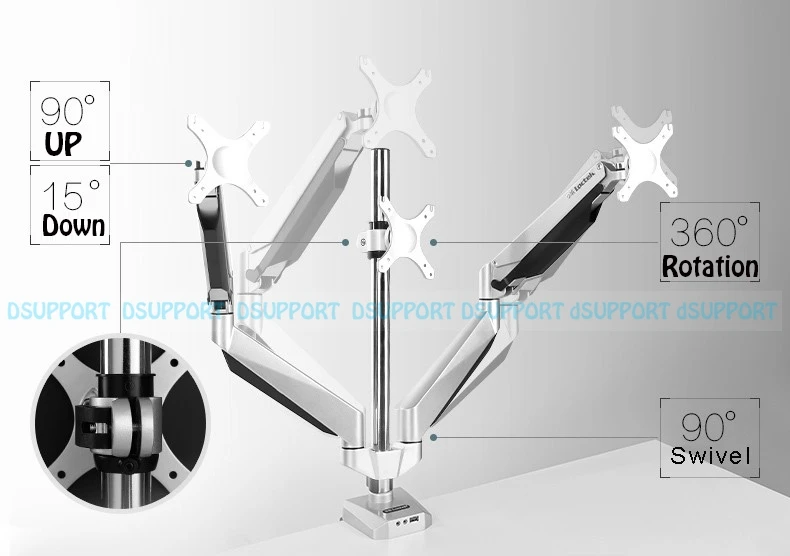 Loctek D7T алюминиевый сплав газовая пружина полный движения тройной экран монитор держатель с USB и аудио порт