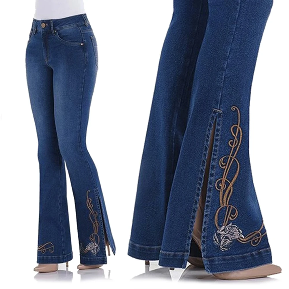 Новые женские винтажные расклешенные джинсы с Боковым Разрезом, эластичные джинсовые штаны, расклешенные брюки