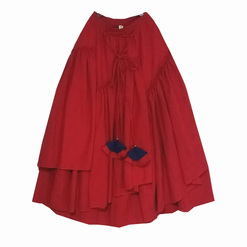Китайский стиль длинные макси А-силуэта с эластичной талией женские осенние хлопковые и льняные Большие размеры S-2XL красные юбки