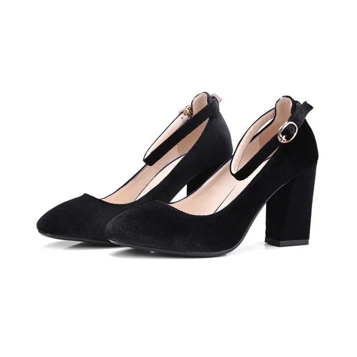 Meotina/Женская обувь; бархатные женские туфли-лодочки на Высоком толстом каблуке; женские вечерние туфли с ремешком на щиколотке; женские туфли-лодочки; Chaussure Femme; большие размеры 33-43 - Цвет: Черный