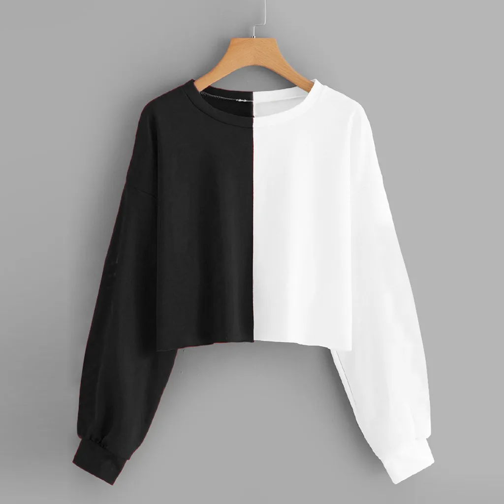 

Womens Solid Long Sleeve Splice Short Pullover Tops Fashion Casual Streetwear Pullovers Tops