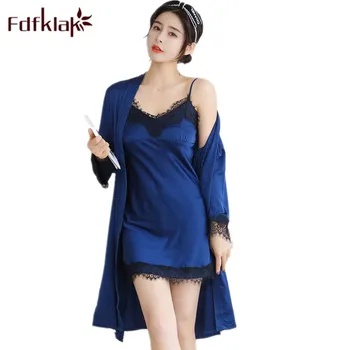 

Fdfklak Women's Robe & Gown Set 2020 Spring Summer Long Sleeve Bathrobe + Mini Nightdress Two Pieces Black Sleepwear Set Q752