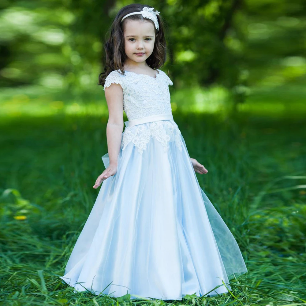 

New Arrival Blue Fluffy Tulle Lace Flower Girls Dresses For Wedding Floor Length Custom Made Any Size