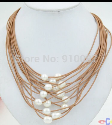 

LHX54013>>>>15row 18" 13mm white rice freshwater pearl coffee leather necklace