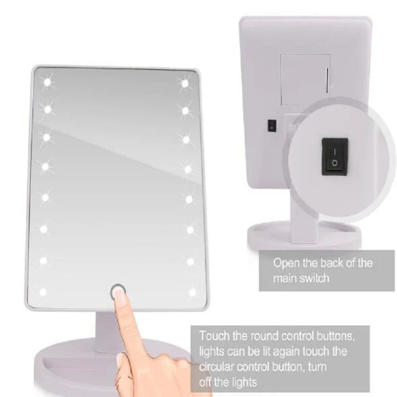 360 градусов вращения Сенсорный экран косметическое зеркало косметическое складной Портативный компактный карман с светодиодный огни Макияж инструмент