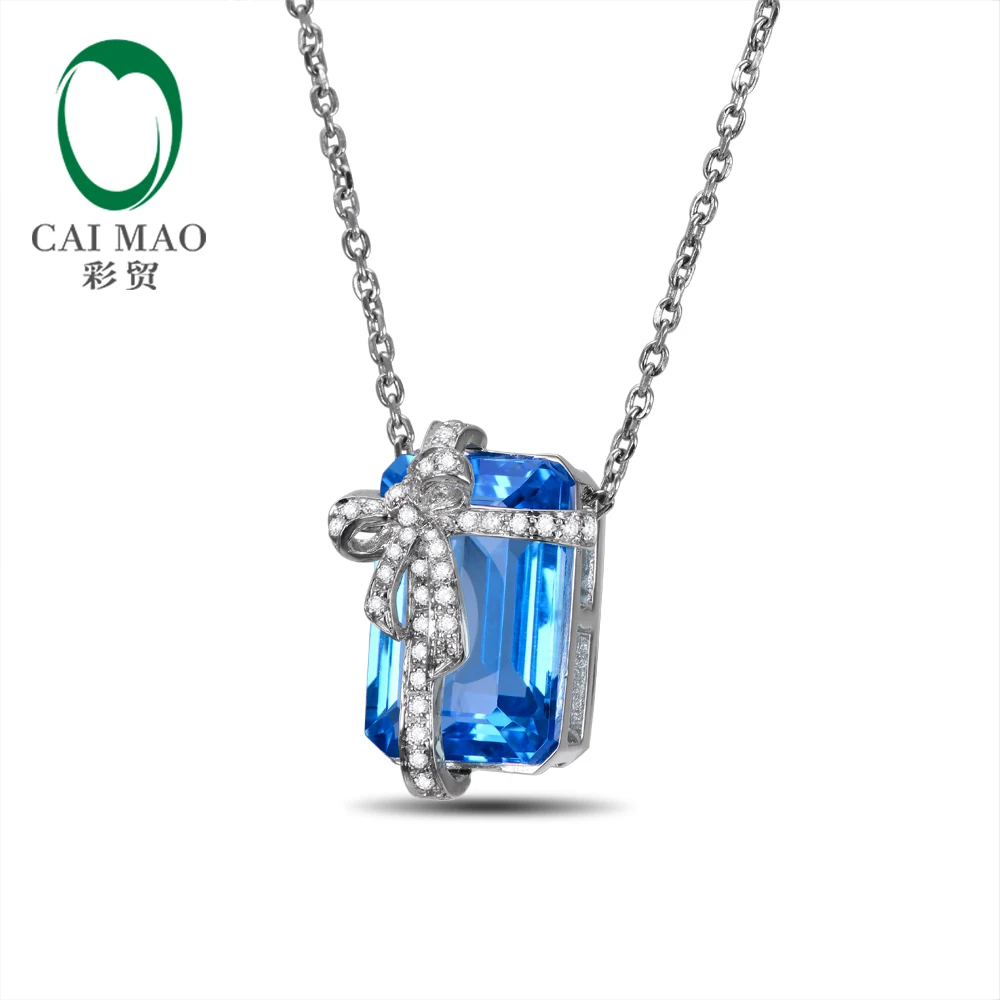14k White Gold Natural Flawless Blue Topaz Diamond Engagement Chain